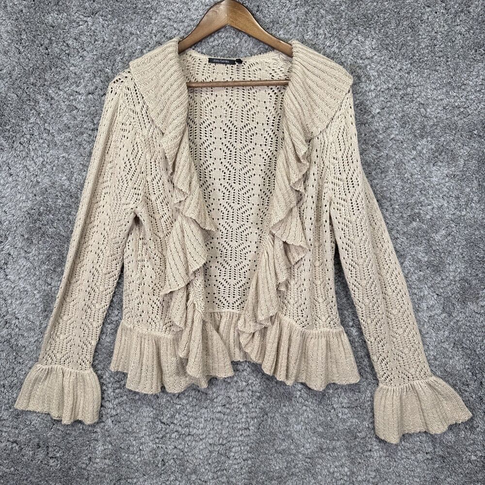 Daisy Fuentes Open Pointelle Knit Cardigan Sweater XL Ruffle Cascade Sleeve